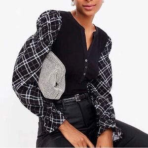 New Loft Black Plaid Henley Top Mixed Media Puff Shoulders Blouse Sz large